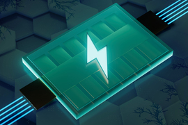 Futuristic battery with “lightning bolt” icon, and a honeycomb lattice background.
