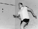 Amalia Londono, a member of the men's varsity squash team, gets ready to take a shot.