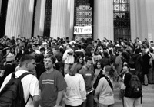 Hundreds crowded the steps at 77 Masachusetts Ave. for Saturday's rally.