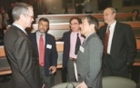 MIT's neuroscientists gathered for the announcement of Pat and Lore Harp McGovern's $350 million gift to MIT. Left to right: President Charles M. Vest; Professor Mriganka Sur, head of the Department of Brain and Cognitive Sciences (BCS); Professor Tomaso Poggio of BCS; Professor Susumu Tonegawa, a Nobel laureate and director of the the Center for Learning and Memory; and the director of the new Mc...