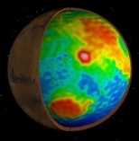 By combining highly accurate topographic maps with new plots of Mars's gravitational field, researchers have developed a working draft of what the planet's interior looks like several kilometers below the surface. This map shows the "moho," the area where the planet's crust borders its mantle.