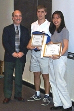 Michael J. Buchanan and Caroline P. Chen receive their Outstanding TA Awards from Professor Robert C. Armstrong (left), head of chemical engineering.