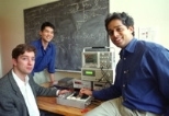 Left to right: MIT researchers Richard Hahnloser, a postdoctoral fellow in the Department of Brain and Cognitive Sciences; H. Sebastian Seung, assistant professor of computational neuroscience; and Rahul Sarpeshkar, assistant professor of electrical engineering and computer science, were part of a team that created an electronic circuit that mimics the biological circuitry of the brain.