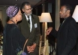 Professor Emeritus Willard R. Johnson of political science (center) and Mrs. Johnson listen intently to Gus Solomons, winner of the Muh Award, during the SHASS gala at the Museum of Fine Arts last weekend.