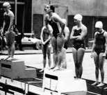 Karen Klincewicz (now Karen Gleason), center, stands ready to go in this photo of a swim meet taken from the 1980 Technique. She always wore her hair in a vertical ponytail like this when she swam. "It was funny. You know how your hair sticks together when you swim," she said.