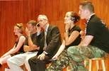 Participants in the "Survivor" spoof at convocation included (left to right) junior Trisha McAndrew, staff associate Dan Chapman, President Charles M. Vest, senior Roxanne Cartwright and junior Michael Ramos.
