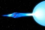This animation illustrates the accretion flow, with gas from a large companion star swirling around a tiny neutron star, attracted by the neutron star's gravity.
