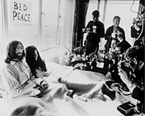 Yoko Ono staged "Bed-In for Peace" with her husband John Lennon of The Beatles in the Amsterdam Hilton Hotel in 1969.