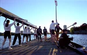 MIT crews head off in the gathering dusk to practice for last weekend's Head of the Charles Regatta.