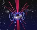 Artist's impression of the hottest tango in the universe--a torus formed from the debris of a star spins around a rotating black hole. The black hole leads the torus around, feeding it energy which the torus radiates away as unseen gravitational waves. At the same time, jets of energy are released along the black hole's axis of rotation and may later be detected by satellites as gamma-ray bursts.