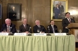 At Monday's press conference announcing Novartis' new research center in Tech Square, the remarks of Cambridge Mayor Michael Sullivan amused (left to right) Cambridge City manager Robert Healy, MIT President Charles M.Vest, U.S. Senator Edward Kennedy and Novartis chairman and CEO, Dr. Daniel Vasella.