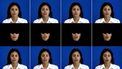 This image illustrates how MIT researchers artificially animate a human face. The top row is a real background sequence of Mary 101 recorded by the researchers. The middle row is an animation of the synthetic mouth generated in the lab. The bottom row shows the synthetic mouth animation superimposed on the background sequence.