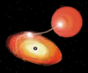This artist's conception of an X-ray pulsar in a binary star system          shows matter from a companion star being channeled onto a rapidly spinning neutron star at its magnetic poles.