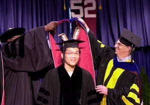 Andrew "Bunny" Huang is carefully hooded over his bunny ears.