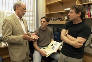 Professor Phillip Sharp (left), Assistant Professor Christopher Burge (center) and Center for Cancer Research postdoctoral associate William Fairbrother discuss their computational method for predicting which sequences of genetic material get spliced out. This work was the result of a collaboration between Burge's laboratory in the Department of Biology and that of Sharp, director of the McGovern ...