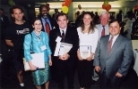 Celebrating the 10th annual Cambridge First Day were (left to right) Joel        Glenn Wixson, director of emergency services for CASPAR Inc.; Katya Fels, executive director of On the Rise Inc.; MIT Chancellor Phillip Clay; Joe Finn, executive director of Shelter Inc.; Darlene Meehan, youth services director of the Salvation Army's "Our Place" child care        center; Cambridge City Manager Rober...