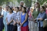 Members of the MIT community listen to President Vest's remarks.