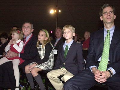 Simmons family members in  the front row at the new dorm's dedication include (left to right) Richard Simmons,  Erin Sebastian (on his lap), Porter Simmons, Reilly Simmons and Richard's son  Brian.