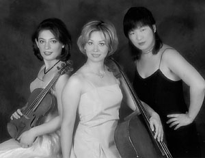 Members of the Boston Trio are (left to right) Irina Muresanu on violin, Allison Eldredge on cello and Heng-Jin Park Ellsworth on piano.