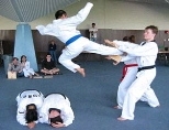 Bobby Ren '05 breaks a wooden board for his sponsor with a flying sidekick