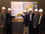 The ribbon cutters at the "virtual" groundbreaking for the new brain and cognitive sciences facilities were (left to right) Phillip A. Sharp, director of the McGovern Institute for Brain Research; President Charles M. Vest; Mriganka Sur, head of the department of brain and cognitive sciences; Robert Silbey, dean of the School of Science; Provost Robert Brown; and Susumu Tonegawa, director of the P...