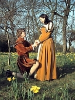 Lysander (George Corbett) and Hermia (Laura Wood) share a tender moment in Cambridge University's production of "A Midsummer Night's Dream."