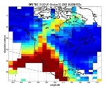 The dynamic redistribution of ionospheric plasma, which accompanies large geomagnetic storms, is apparent in this map of total electron content (TEC), displayed here on a linear scale from blue to red, over a range of 0-200 TEC units. Normally the values of TEC over the United States are about 30 TEC units. The geomagnetic disturbance on Oct. 30 produced a dramatic space-weather storm front which ...