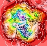 This image from Jan. 10 shows the observed temperature (violet is the coldest) and storm circulation (white lines) in the lower troposphere. At this time of year, the coldest air is normally a solid block close to the North Pole, but last Saturday, the cold pool was split into two pieces by warmer air over Alaska with the coldest air displaced southward.