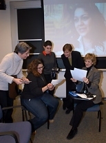 Members of the Latina Oral History Project meet to talk over stories and view photos and videos. Left to right: Margarita Ribas Groeger, director of Spanish language in the foreign languages and literatures section (FLL); Cynthia Conti (S.M. 2001); Jazlyn Carvajal, a senior in civil and environmental engineering; Nancy Lowe, administrive officer for FLL; and Professor Isabelle de Courtivron of FLL...