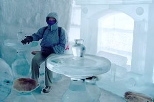 A student sits inside the only ice hotel in the United States.
