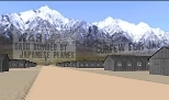 In a 3-D simulation of the Manzanar internment camp the sky is filled with headlines of the events that led to the internment of Japanese-American families during World War II.