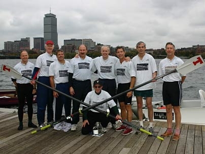 MIT's 1969 Lightweight crew team came in 23rd of 32 crews. "We were pleased with our race and so we were surprised that we didn't rank higher," said Bruce Anderson (S.B. 1969) the team's captain. Left to right, rear: John Malarkey, '71; Larry Sweet '74; Rodger Doxsey, '69; W. David Lee, '69; Henry Baker, '69; Anderson; Bruce Parker, '69; Don Saer, '70. Center foreground: Willie Vicens, '70.