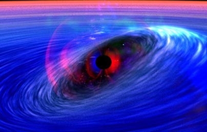 Astronomers have discovered evidence for physics beyond Einstein's general relativity. This artist's conception shows a galactic black hole being orbited by a ripple in spacetime--a distortion in the fabric of space itself.