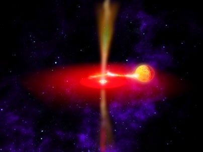 This artist's conception shows the binary system GRS 1915+105, which shows evidence for a wave of spacetime in its accretion disk. A 10 solar mass black hole at the center of the disk pulls gas from a nearby companion star. The gas spiraling into the black hole heats so much that it emits X-ray radiation.