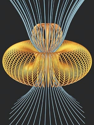Field of a permanent magnet suspended above a ring of current; part of the MIT Museum's exhibition on TEAL.