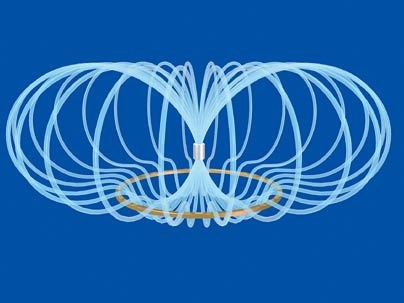 Part of the MIT Museum's TEAL exhibit showing a magnetic field of a permanent magnet falling through a conducting ring.