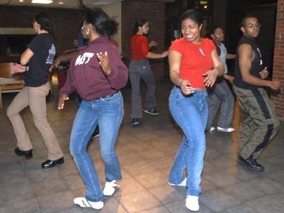 Students rehearse a step dance in preparation for Saturday's African and African-American culture performance. Dancers are (left to right) junior Silvia Baptista, freshmen Yamilee Toussaint and Ashley Vaughn, sophomore Tracey Ragsdale, junior Teri Ijeoma and freshman Douglas Slaughter.