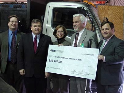 Officials from Cambridge and MIT receive a grant award check from the EPA. From left: Steven Lanou, MIT Environmental Programs Office; Robert Varney, EPA Regional Administrator; Jamie Lewis Keith, MIT Managing Director of Environmental Programs and Risk Management, Senior Council; Paul Parravano, co-director, MIT Office of Government and Community Relations; and Mayor of Cambridge Michael Sullivan...
