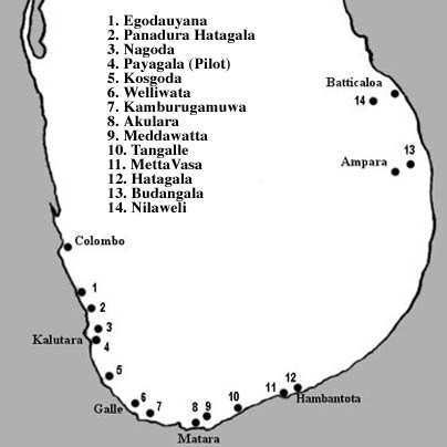 A map of the Prajnopaya Foundation's construction sites in southern Sri Lanka.
