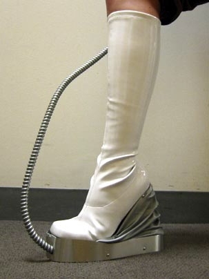 These bellow-heeled boots by graduate student Amanda Parkes are designed to pump out air as you walk. <a onclick="MM_openBrWindow('seamless-boot-enlarged.html','','width=509, height=583')">
<span onmouseover="this.className='cursorChange';">Open image gallery</span>
</a>
<noscript> <a href="seamless-boot-enlarged.html">
<em>(no JavaScript)</em>
</a>
</noscript>