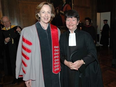 President Susan Hockfield shares a moment with Alison Richard, vice chancellor of Cambridge University in England, before the inaugural procession on Friday, May 6.