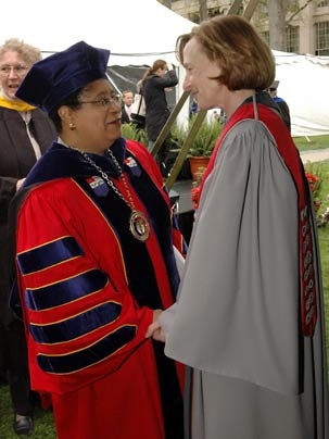 Famous MIT alumna Shirley Ann Jackson, who is now the president of Rensselaer Polytechnic Institute in Troy, N.Y., congratulates President Susan Hockfield on her inauguration shortly after the ceremony Friday, May 6.