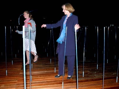 President Susan Hockfield, right, and her daughter Elizabeth Byrne help light up 'White Noise/White Light' on May 2 to signal the start of Inauguration Week.