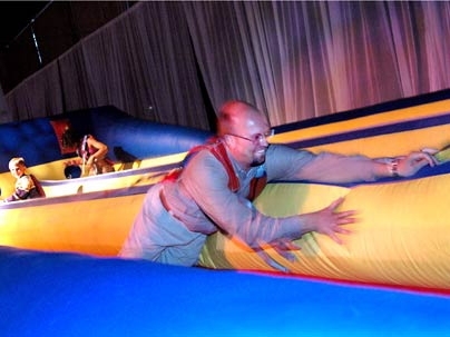 One of the big draws at the block party to celebrate Susan Hockfield's inauguration was the bungee run. Participants ran down an inflated alley, tethered to a bungee cord, which ultimately yanked them back.
