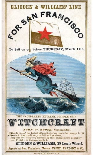 A clipper card advertises Witchcraft, a ship built by Curtis and Taylor of Chelsea, Mass., and launched in 1850 headed for the California gold rush. Clipper cards were one of the earliest forms of color advertising in America. Many of MIT Museum's collection of clipper cards can be viewed in 'The Clipper Ship Era' exhibit, on view at the museum through July 10.