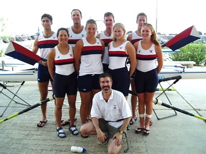 The U.S. crew team brought home a total of 10 medals, most of them gold, from the 17th Maccabiah Games in Israel. From left, back row: Raphael Anstey, Jonathan Werner, Jeremy Serkin, Gary Feigenbaum. Front row: Adina Roskies Ph.D. '04, Catherine Chiffert, Samantha Chauveau, Leah Wachtel. Kneeling in front is coach Stu Schmill '86.