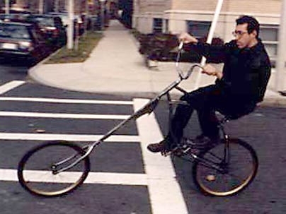 MIT staffer Seth Seligman is shown riding his own chopper creation. Seligman, aka MegaSeth, has co-produced a movie about these unusual bikes, which will premiere at the Coolidge Corner Theatre at midnight Friday.