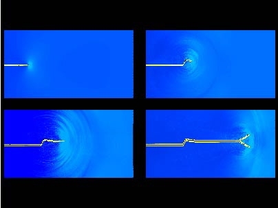 This simulation shows a crack spreading in a brittle material. First the crack creates a clean slice across the surface (upper left), but as it gains speed (other figures, clockwise) it starts to gyrate, and the crack's path becomes increasingly uneven.