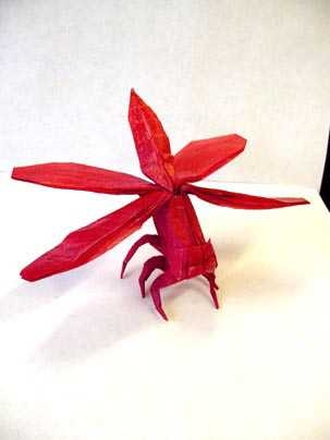 Origami skimmer dragonfly folded by graduate student Brian Chan, who won  Best Technical Folding and Best Original Design for his leaves and insects collection in the 2005 origami contest.