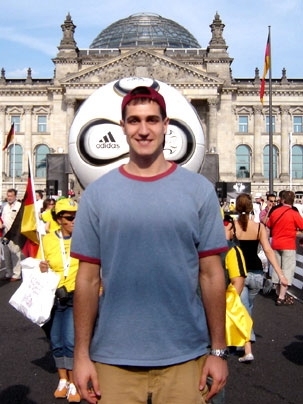 Senior Alexander Krull is interning at Rolls Royce in Berlin this summer thanks to the MIT International Science and Technology Initiatives, or MISTI program. He is shown in front of the Reichstag, where a big soccer ball was erected in honor of the World Cup.